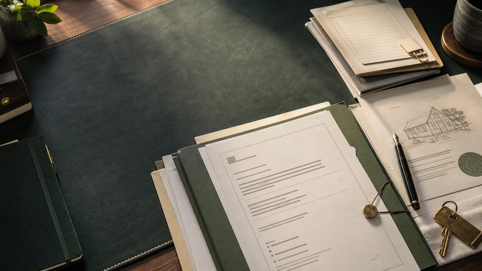 Organized papers and folders on a warm desk.