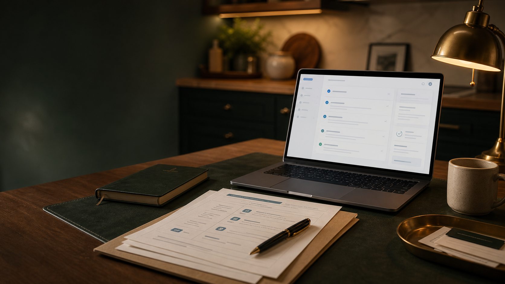 A laptop showing an organized digital record beside printed estate papers on a warm desk.