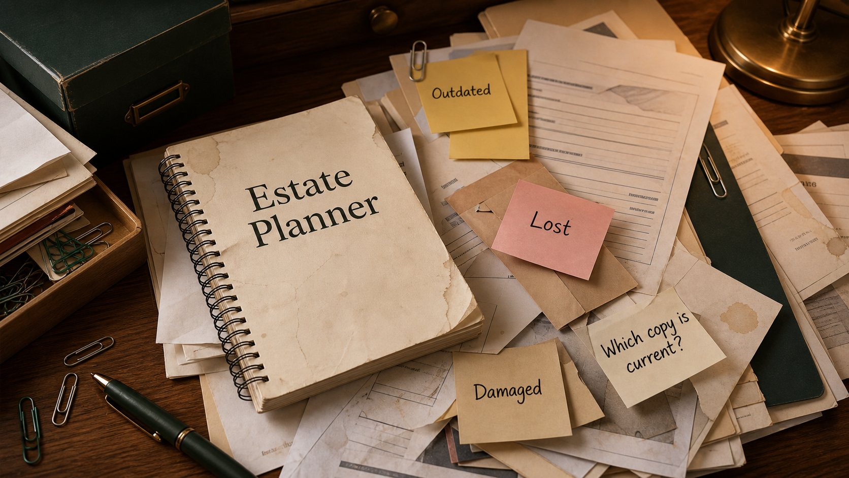 A messy paper estate planner notebook surrounded by loose forms and sticky notes.